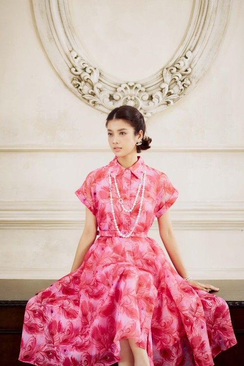 Sixdo Pink Peacock Feather Print Organza Flared Dress